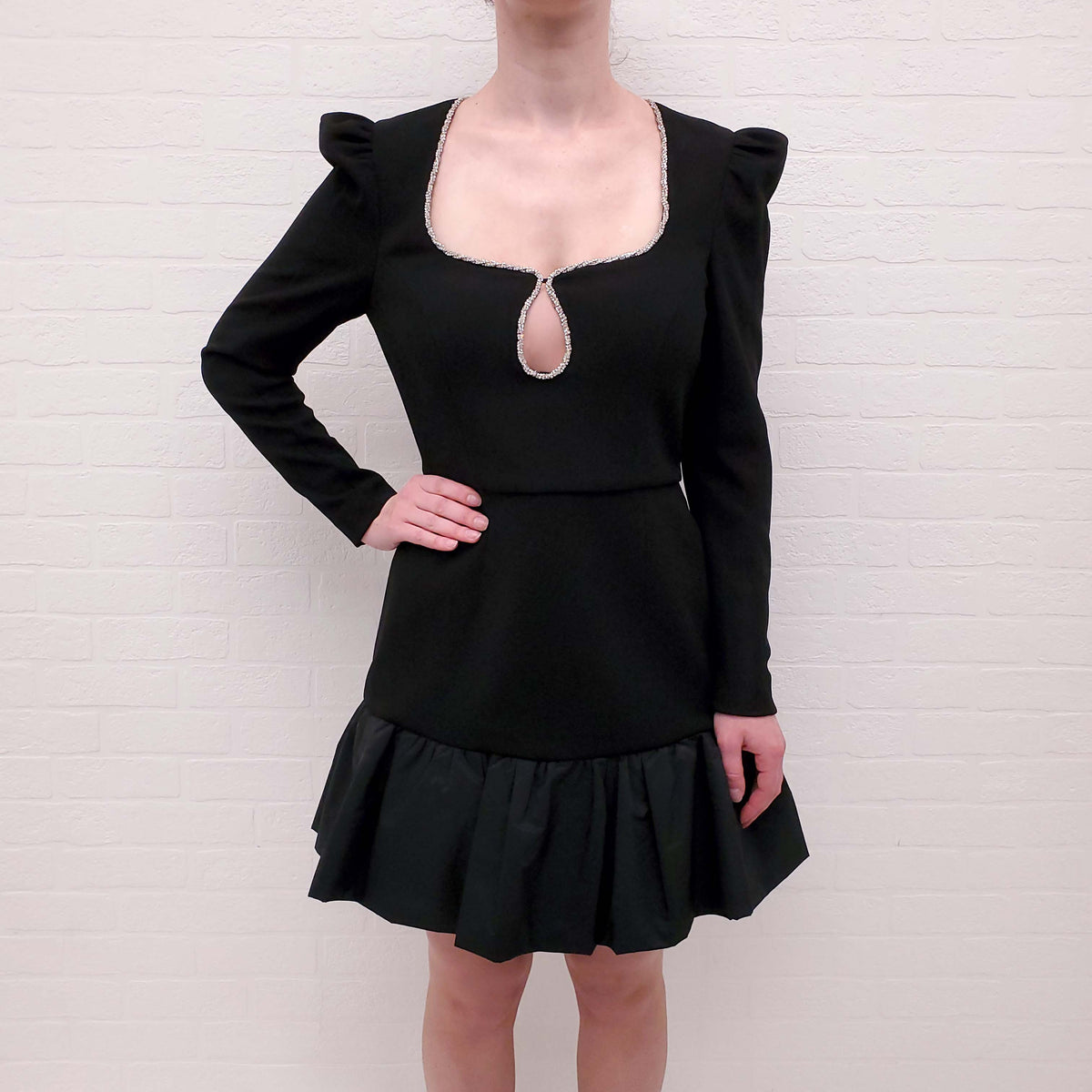 REBECCA VALLANCE BLACK LONG SLEEVE MINI DRESS WITH CRYSTAL NECKLINE - SIZE 10 AU/6 US