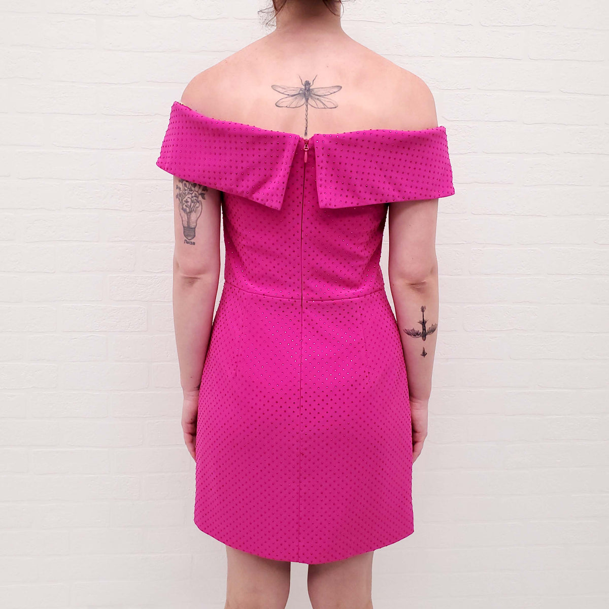 REBECCA VALLANCE HOT PINK RHINESTONE OFF THE SHOULDER MINI DRESS - SIZE 10 AU/6 US