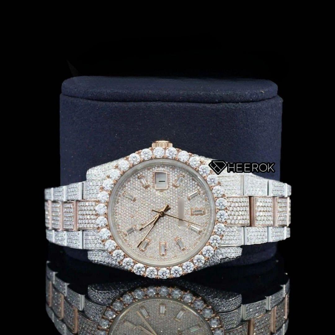 Rolex Datejust Baguette Diamond Dial Large Round Diamond Bezel Two Tone Rose Gold Moissanite Diamond Oyster Bracelet