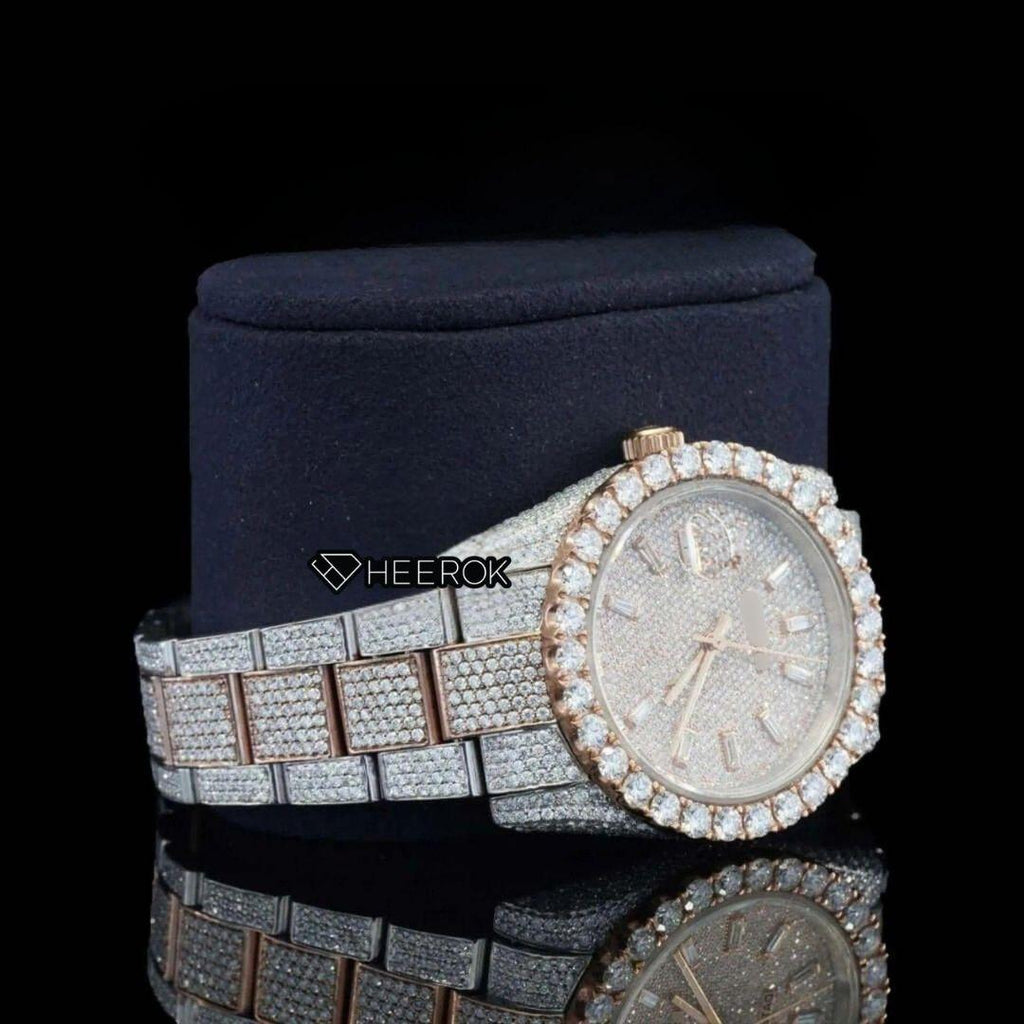 Rolex Datejust Baguette Diamond Dial Large Round Diamond Bezel Two Tone Rose Gold Moissanite Diamond Oyster Bracelet