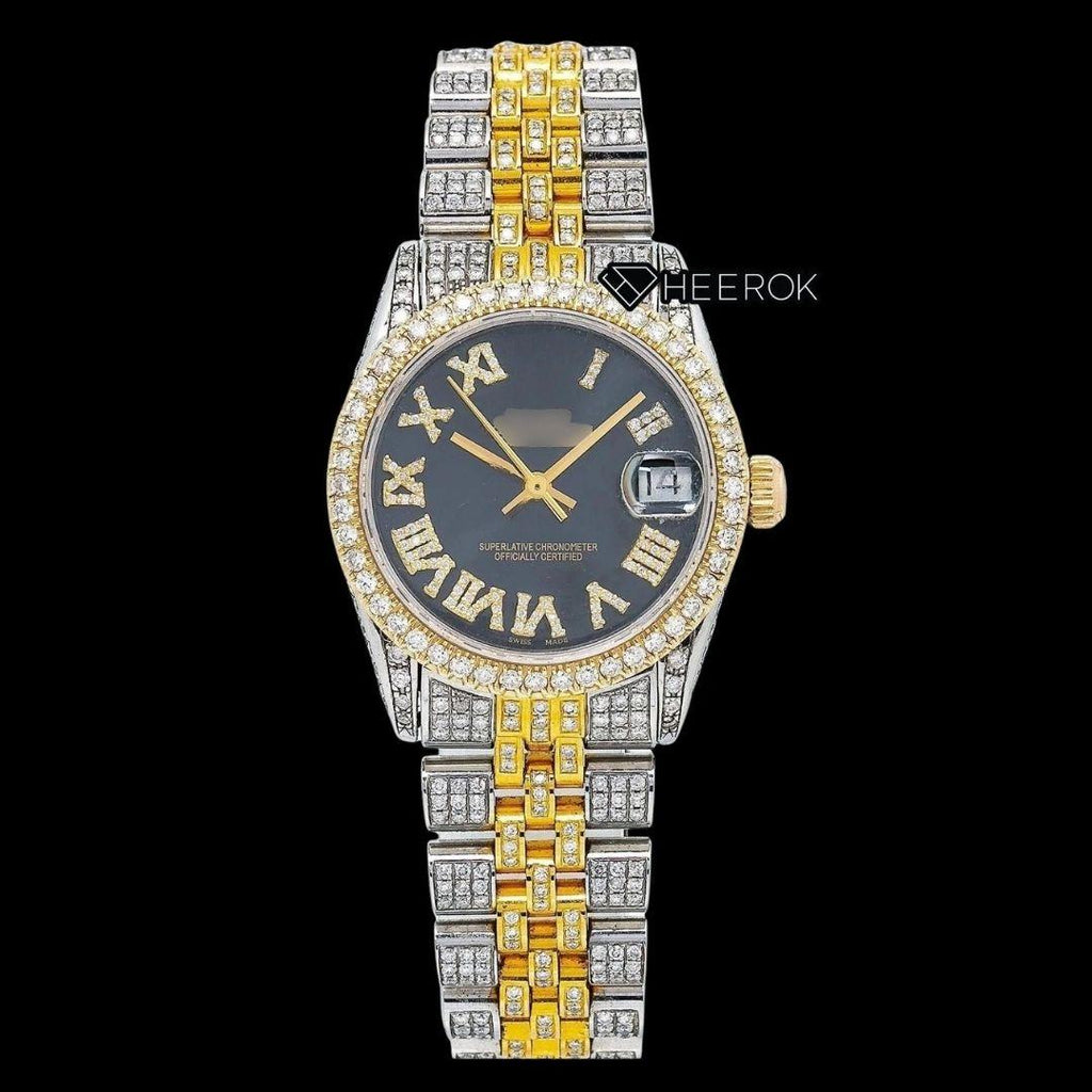 Rolex Datejust Black Dial Roman Diamond Numerals Diamond Bezel Two Tone Yellow Gold Moissanite Diamond Jubilee Bracelet For Women