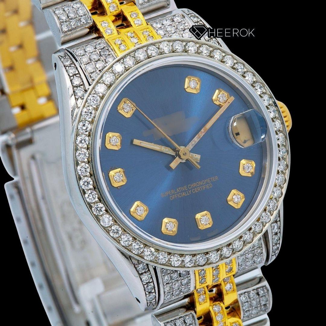 Rolex Datejust Blue Dial Diamond Markers Diamond Bezel Two Tone Yellow Gold Moissanite Diamond Jubilee Bracelet For Women
