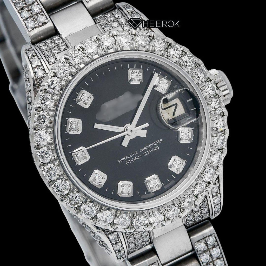 Rolex Datejust Diamond Markers Black Dial Large Diamond Bezel Semi Iced Moissanite Diamond Oyster Bracelet  For Women