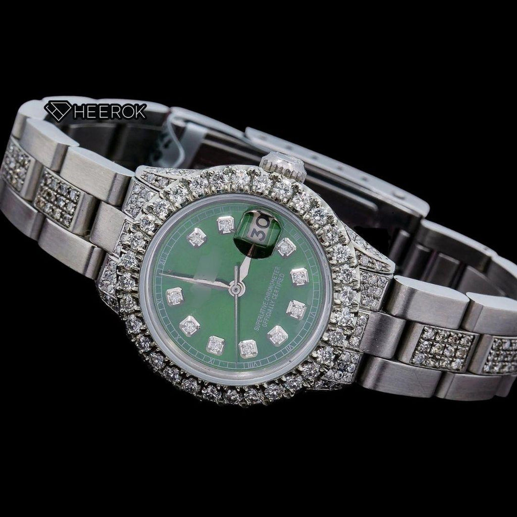 Rolex Datejust Diamond Markers Green Dial Large Diamond Bezel Semi Iced Moissanite Diamond Oyster Bracelet For Women