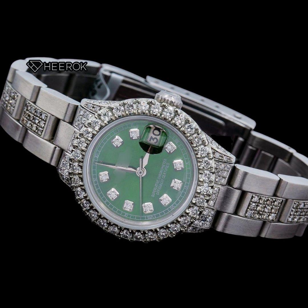 Rolex Datejust Diamond Markers Green Dial Large Diamond Bezel Semi Iced Moissanite Diamond Oyster Bracelet For Women