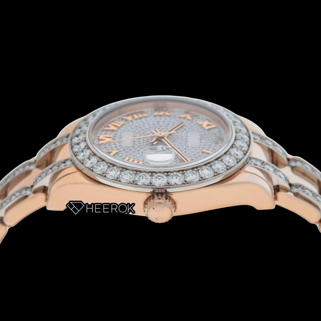 Rolex Datejust Full Pave Diamond Dial Roman Numerals Diamond Bezel Rose Gold Semi Iced Moissanite Diamond President Bracelet For Women