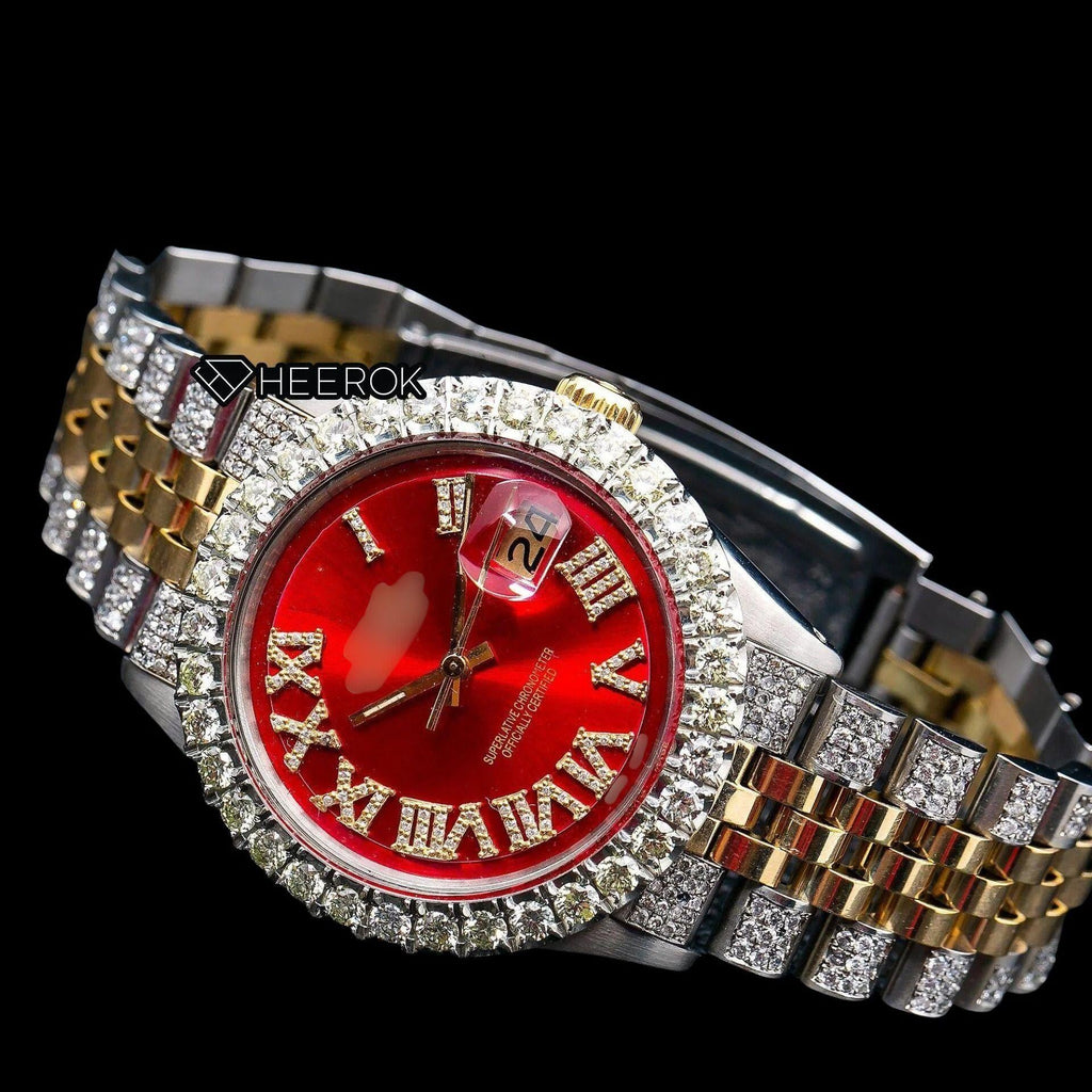 Rolex Datejust Red Dial Roman Diamond Numerals Diamond Bezel Two Tone Yellow Gold Semi Iced Moissanite Diamond Jubilee Bracelet For Women
