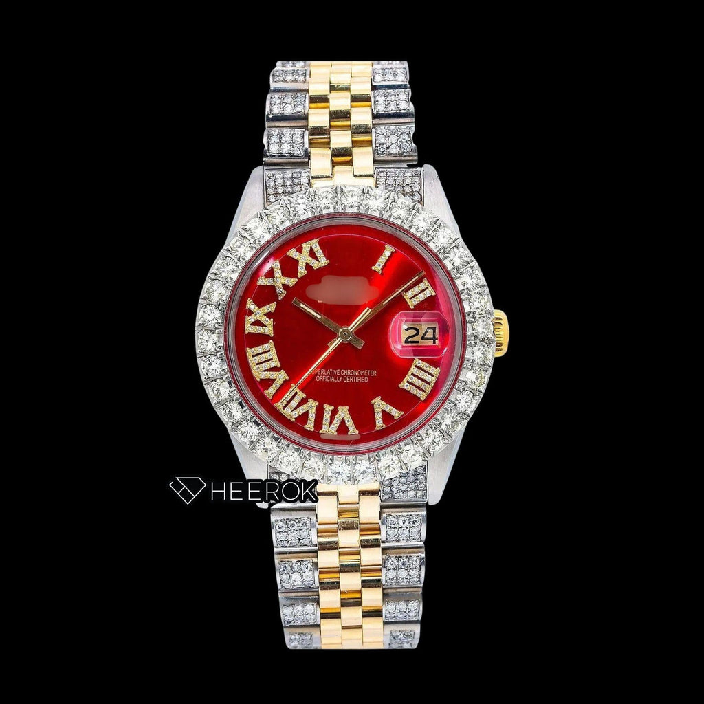 Rolex Datejust Red Dial Roman Diamond Numerals Diamond Bezel Two Tone Yellow Gold Semi Iced Moissanite Diamond Jubilee Bracelet For Women