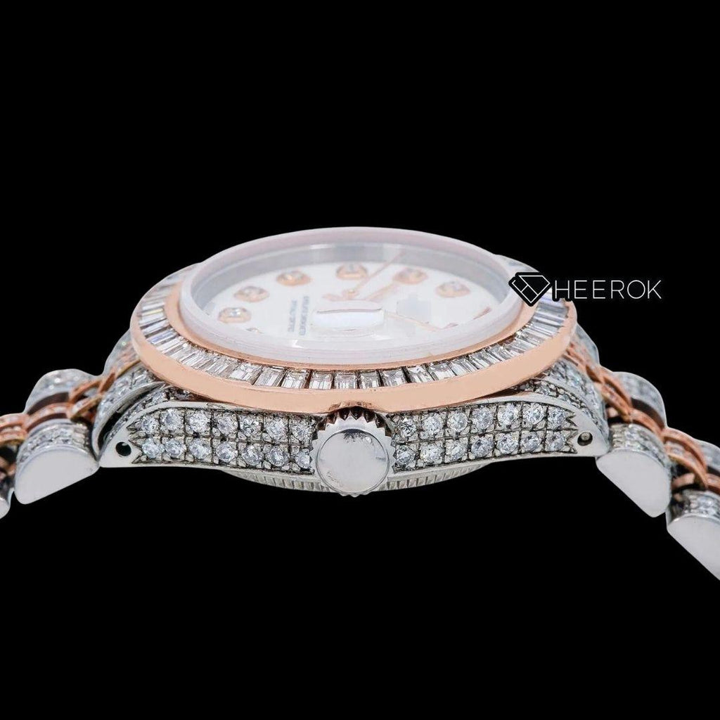 Rolex Datejust White Dial Diamond Markers Baguette Diamond Bezel Two Tone Rose Gold Moissanite Diamond Jubilee Bracelet For Women