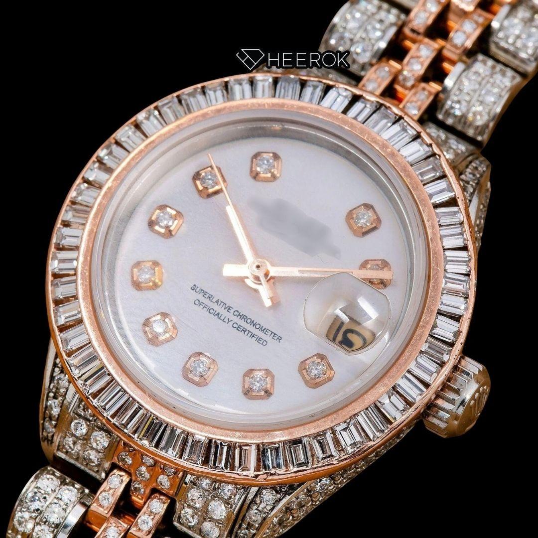 Rolex Datejust White Dial Diamond Markers Baguette Diamond Bezel Two Tone Rose Gold Moissanite Diamond Jubilee Bracelet For Women