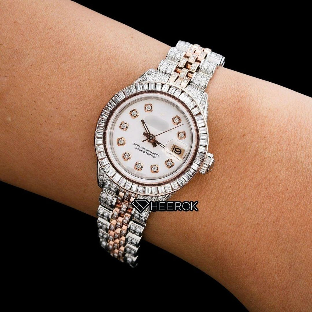 Rolex Datejust White Dial Diamond Markers Baguette Diamond Bezel Two Tone Rose Gold Moissanite Diamond Jubilee Bracelet For Women