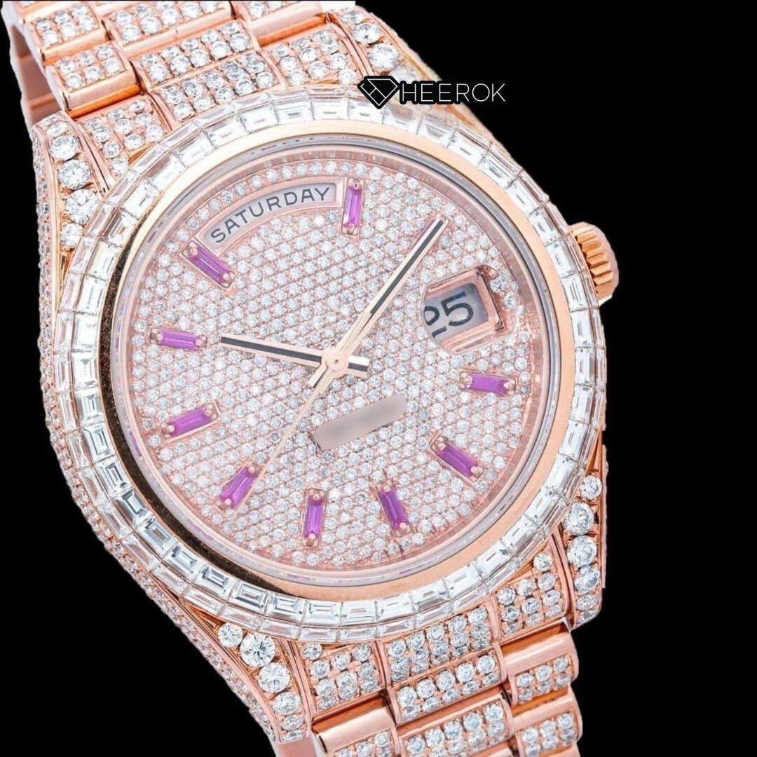 Rolex Day-Date Diamond Stick Markers Dial Baguette Diamond Bezel Rose Gold Moissanite Diamond President Bracelet For Women