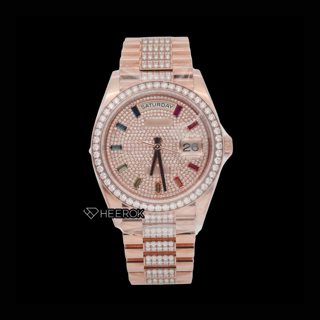 Rolex Day-Date Rose Gold Diamond Pave Dial Multicolor Baguette Markers Diamond Bezel Moissanite Diamond President Bracelet For Women