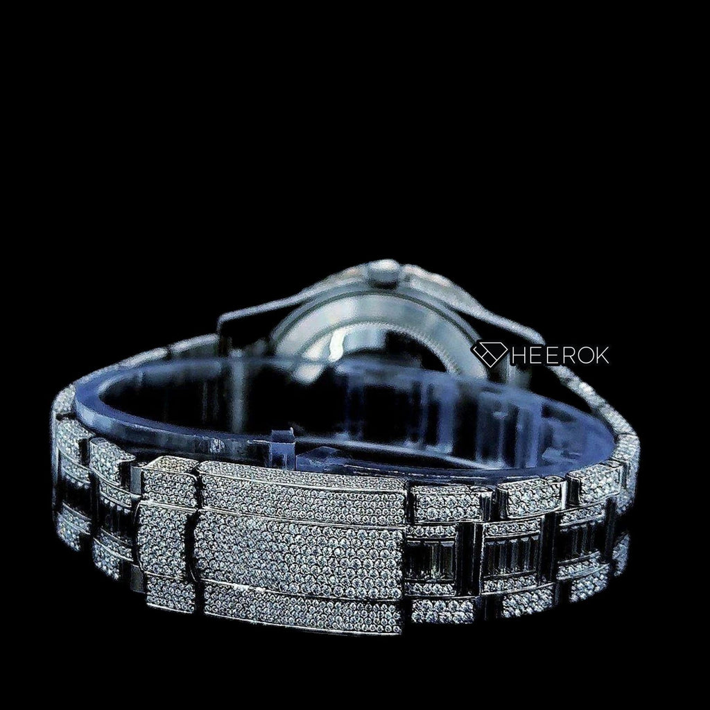 Rolex Sky-Dweller Full Pave Dial Black Stick Markers Diamond Bezel Fully Iced Moissanite Diamond Oyster Bracelet