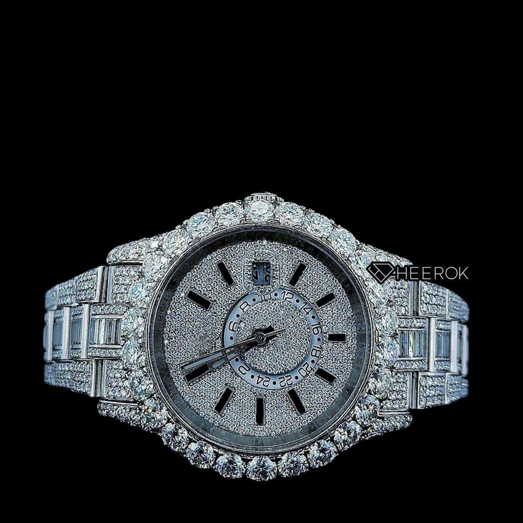 Rolex Sky-Dweller Full Pave Dial Black Stick Markers Diamond Bezel Fully Iced Moissanite Diamond Oyster Bracelet