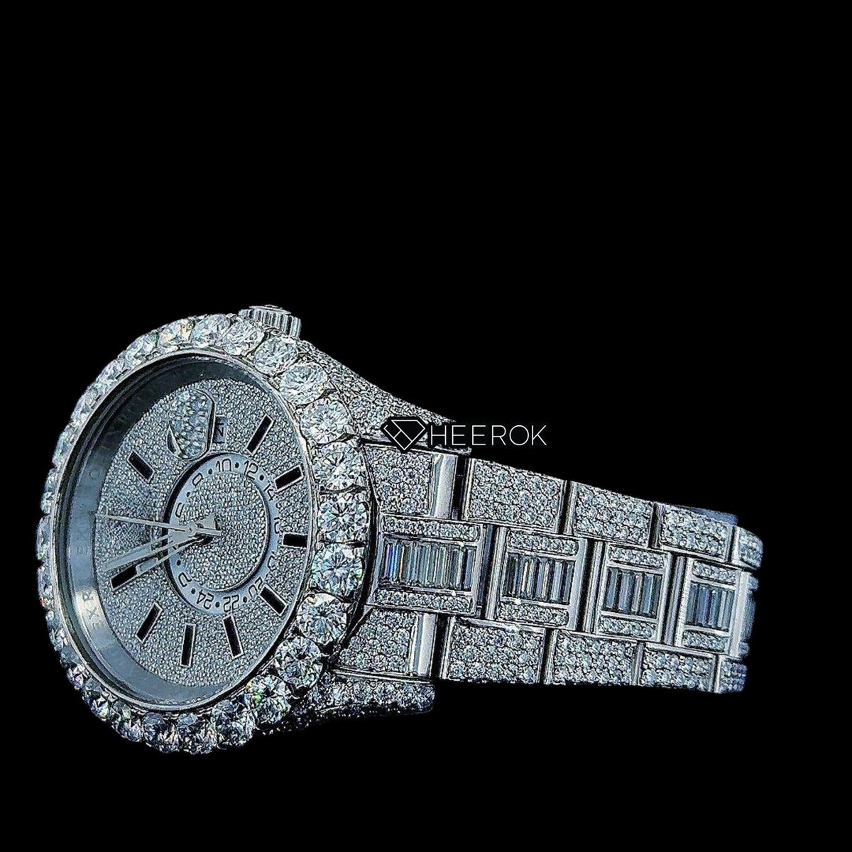 Rolex Sky-Dweller Full Pave Dial Black Stick Markers Diamond Bezel Fully Iced Moissanite Diamond Oyster Bracelet