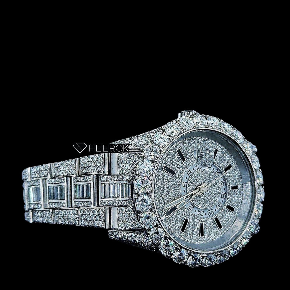 Rolex Sky-Dweller Full Pave Dial Black Stick Markers Diamond Bezel Fully Iced Moissanite Diamond Oyster Bracelet