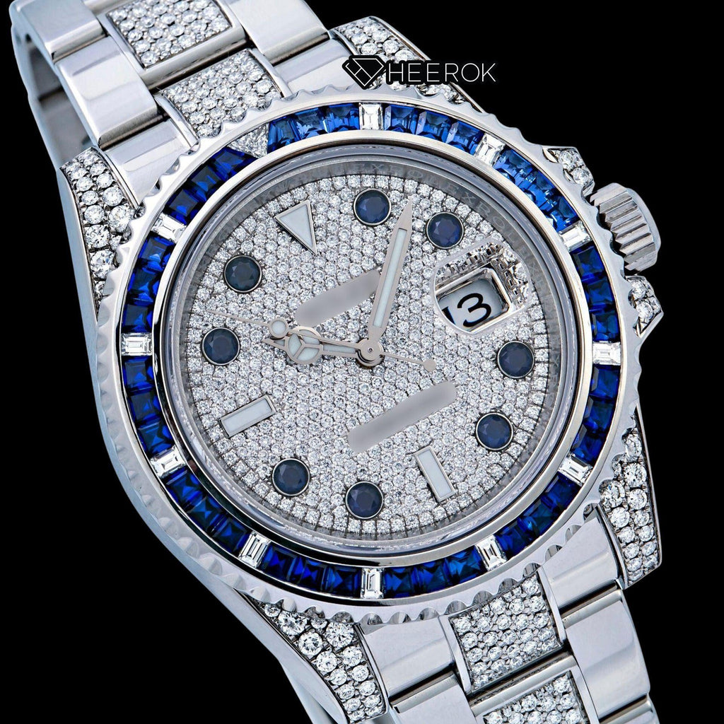 Rolex Submariner Diamond Paved Dial Diamond Markers Diamond Bezel Semi Iced Moissanite Diamond Oyster Bracelet Watch