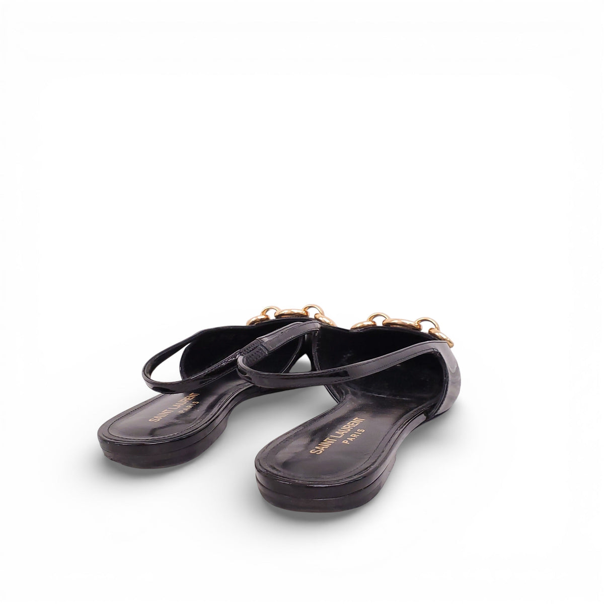 SAINT LAURENT BLACK PATENT BLADE CHAIN SLINGBACK FLATS - SIZE 39
