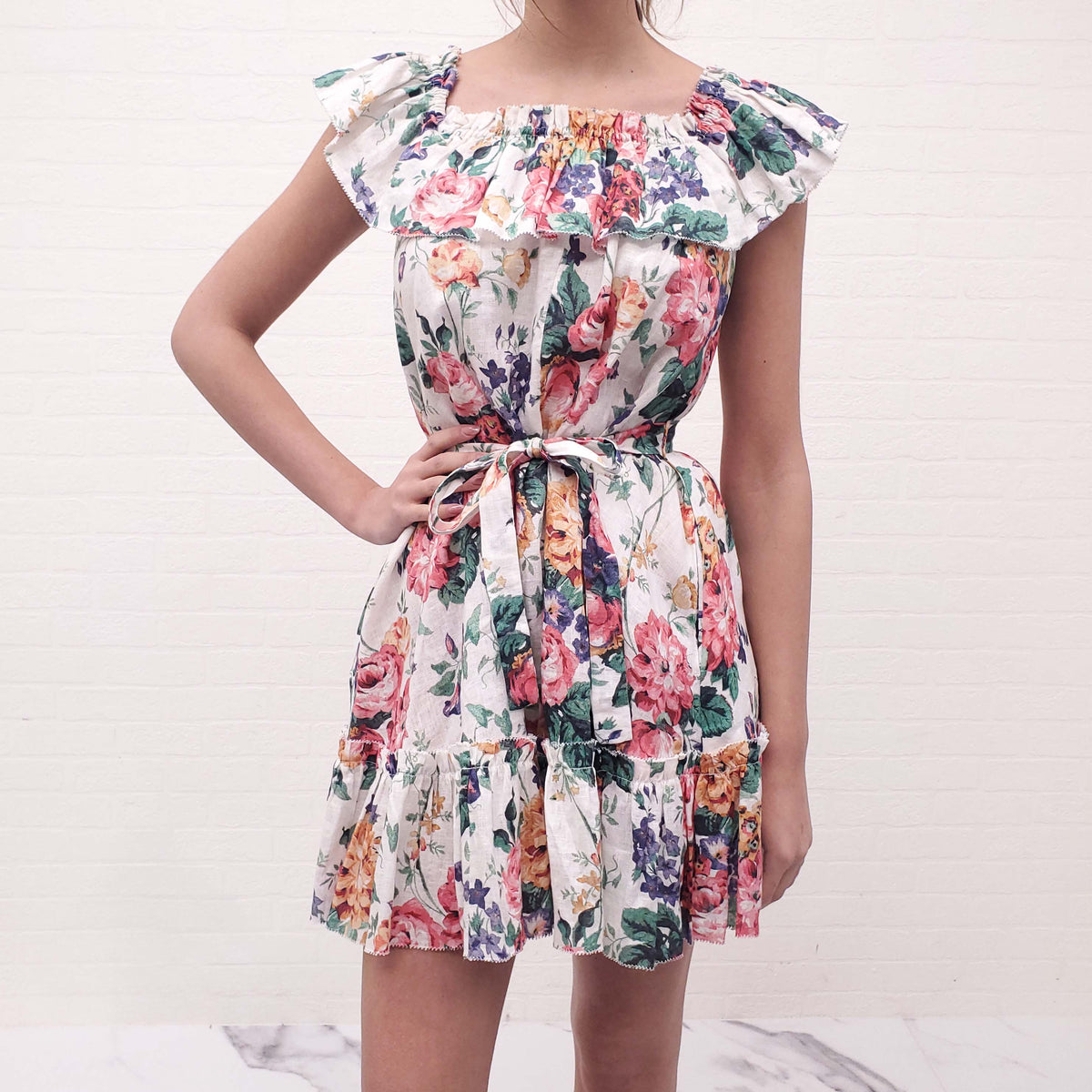 ZIMMERMANN MULTICOLOURED FLORAL LINEN DRESS WITH BELT - SIZE 1 (US 4)