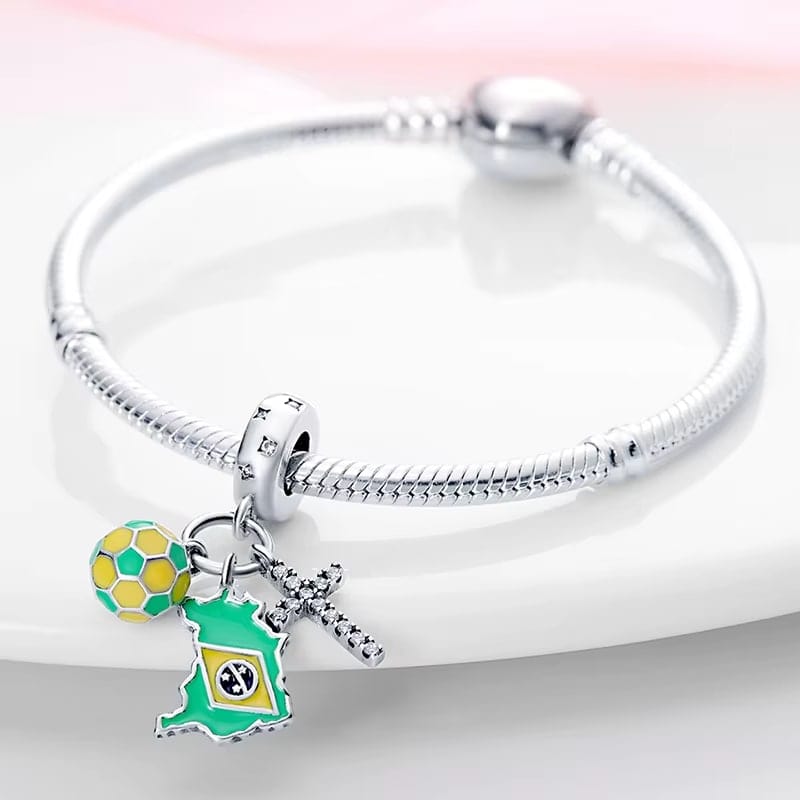 Brazil Flag Football and Cross Dangle Charm