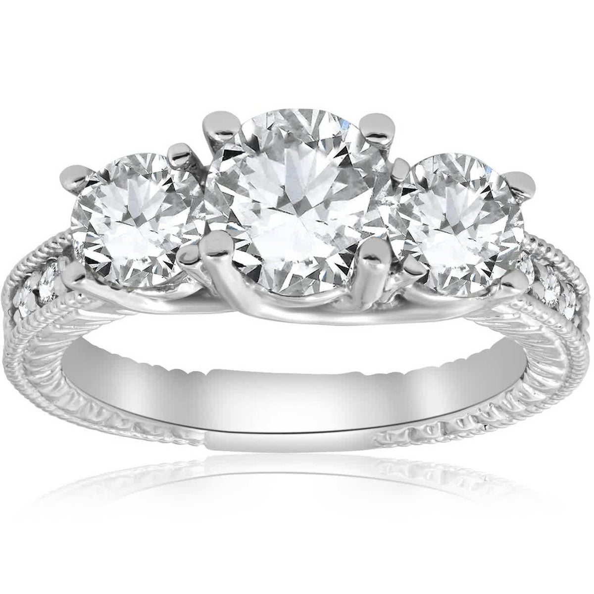 2 1/2ct Vintage 3-Stone Lab Grown Diamond Engagement Ring 14K White Gold Size Selectable