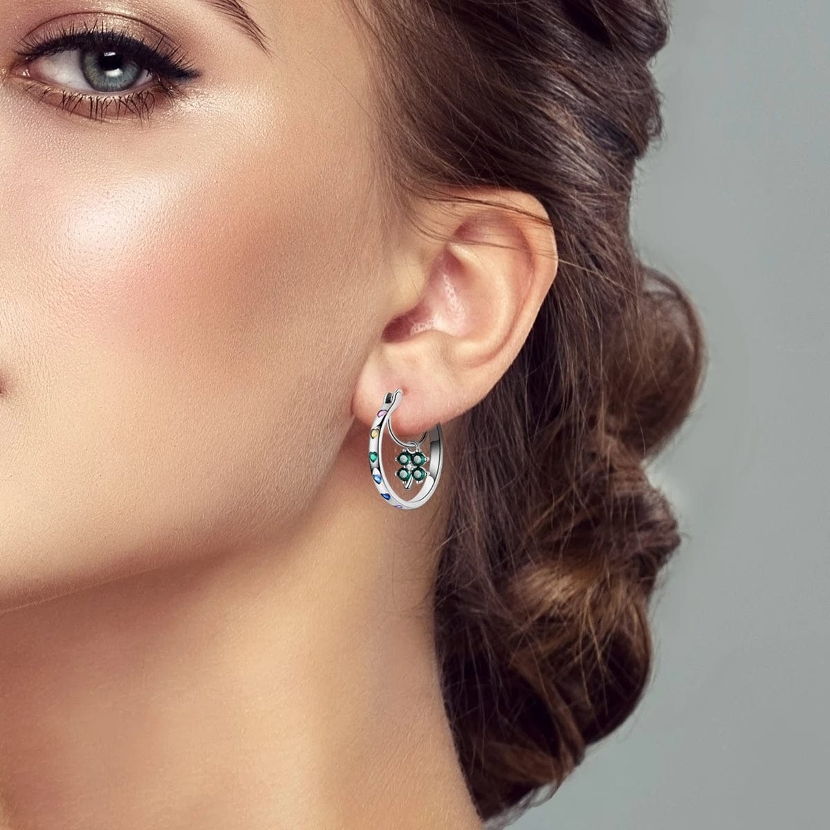 Lucky Horseshoe & Clover Hoop Earrings with Multicolored Heart Accents