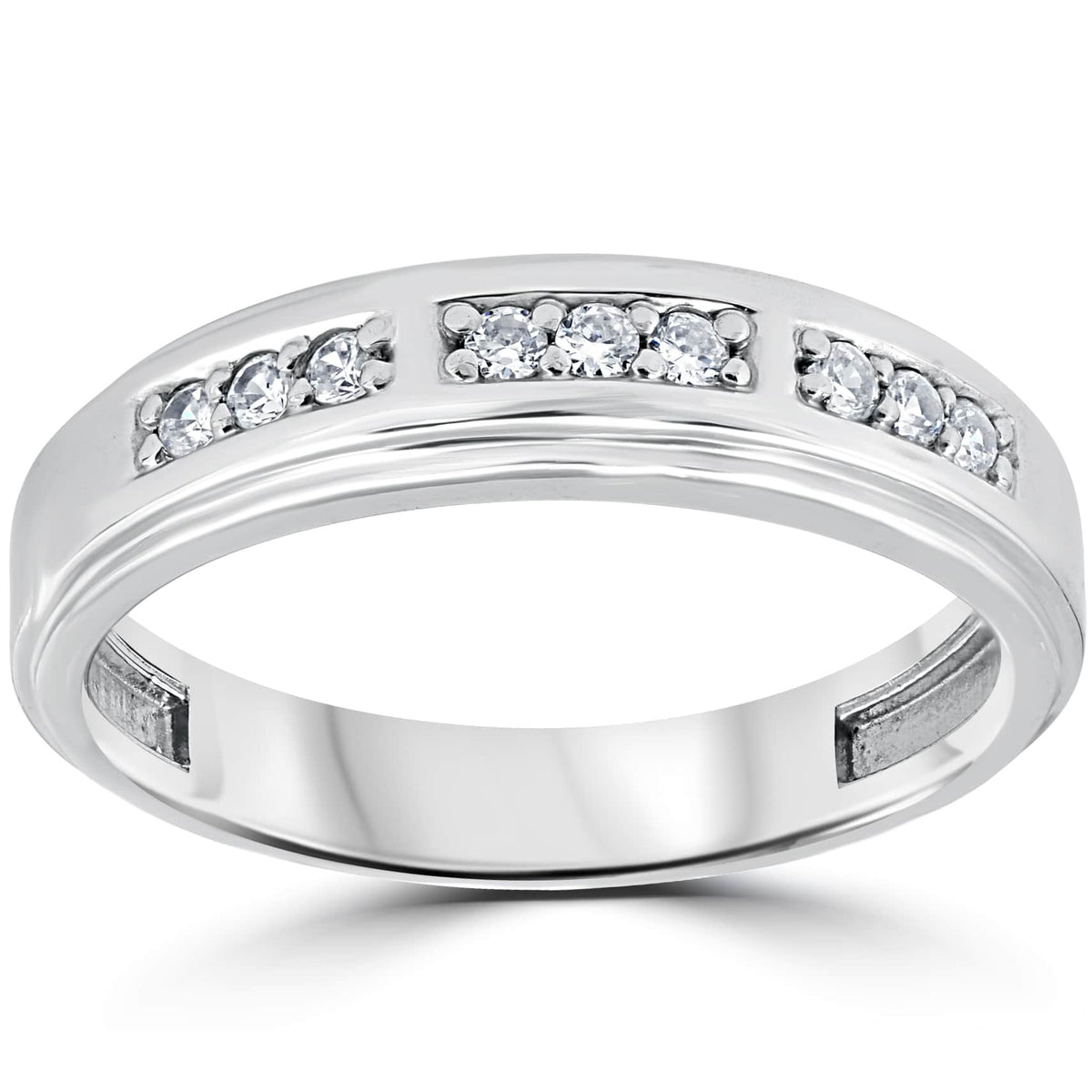 1/4Ct Mens Round Diamond Polished Wedding Ring 10k White Gold
