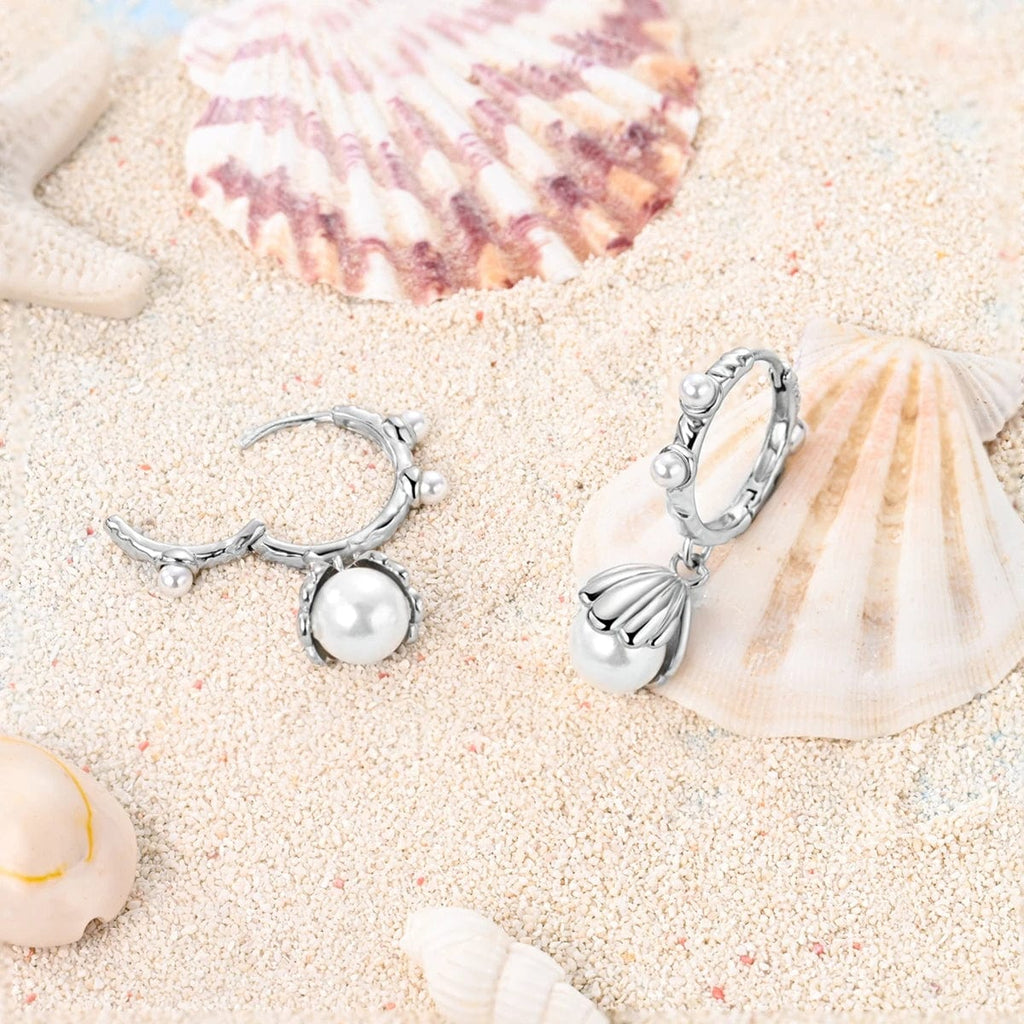 Pearl Drop Hoop Earrings with Floral Shell Design