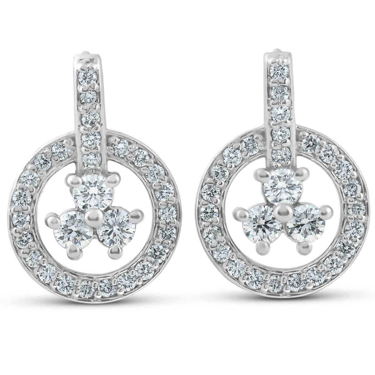 1ct Diamond Circle Three Stone Drop Dangle Earrings 14k White Gold