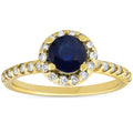 1ct Blue Sapphire & Diamond Halo Engagement Ring 14K Yellow Gold Size Selectable