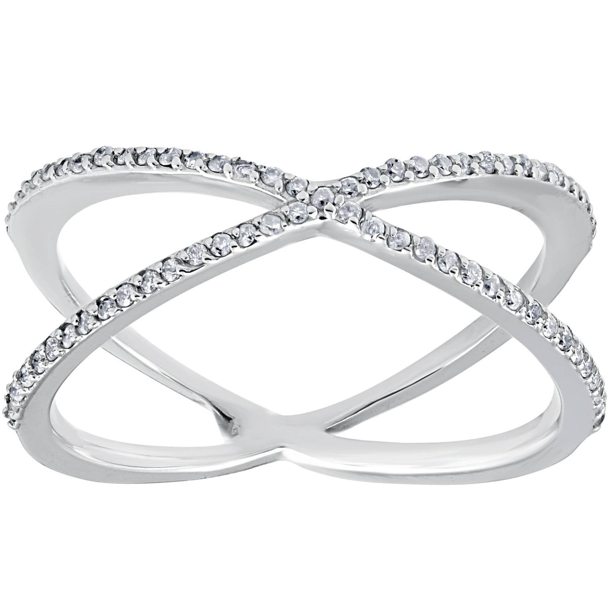 1/5CT 10K White Gold Round Diamond Crossover Cocktail Fashion Statement X Ring
