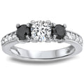 1ct Black & White Diamond 3 Stone Ring 14K White Gold Size Selectable